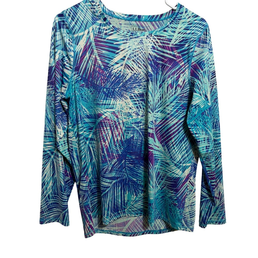 LL Bean Womens UPF 50+ Sun Shirt Long Sleeve Tropical Palm Rash Guard Blue M REG